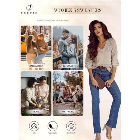 Women's Sweaters Casual Long Sleeve V Neck Crewneck Lightweight Crochet - Picture 4 of 6